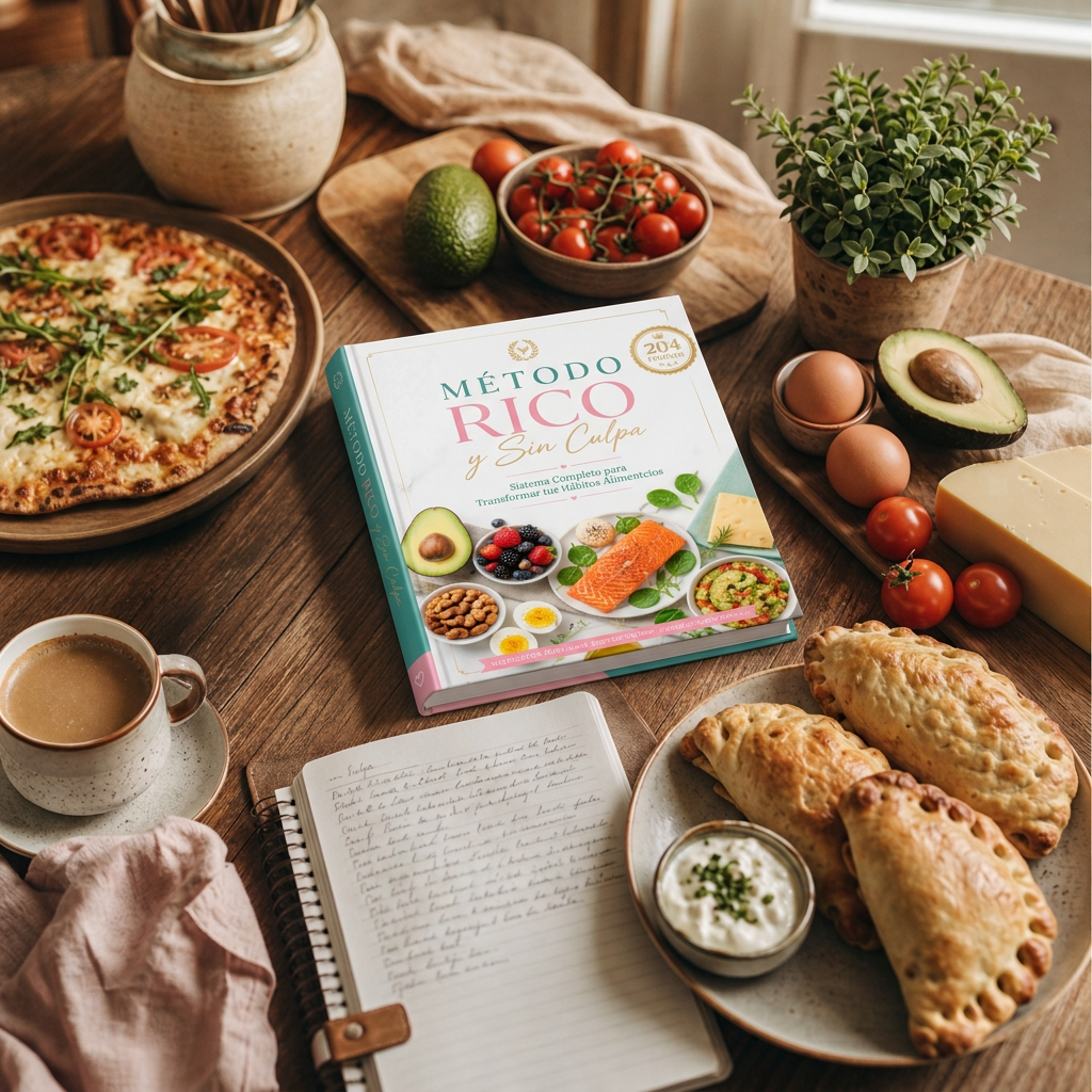 Libro Método Rico y Sin Culpa sobre la mesa junto a pizza, empanadas y café